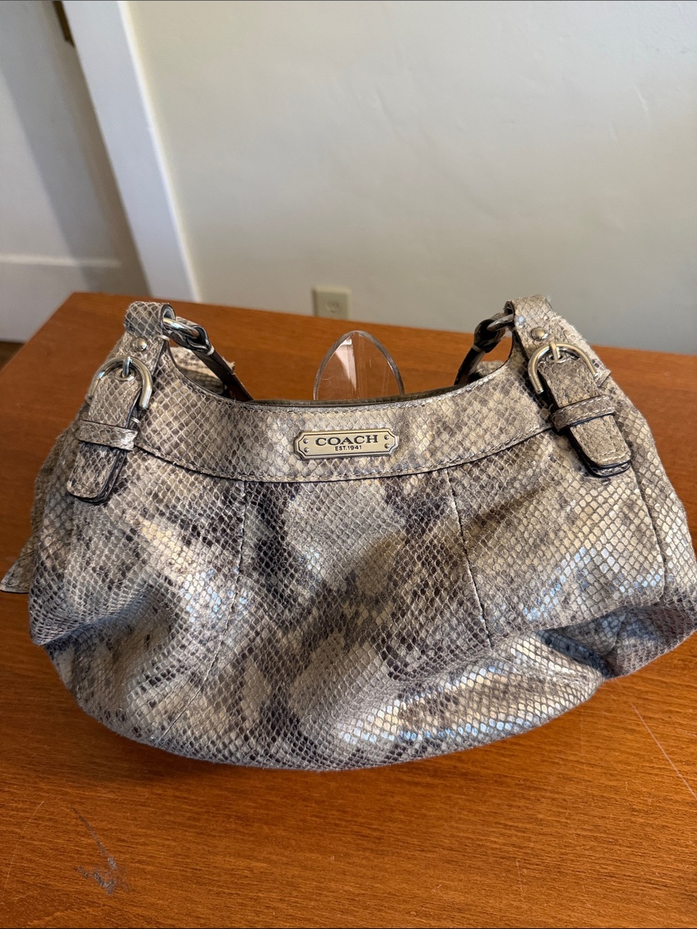 Coach Metallic Snakeskin Shoulder Bag - Silver